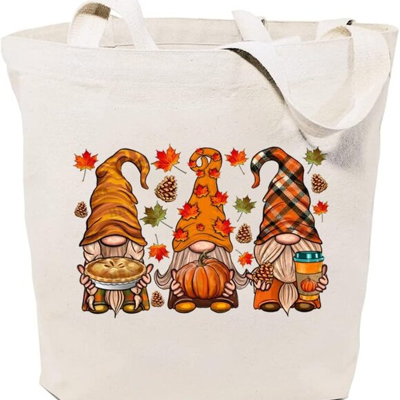 Cute Fall Gnomes Canvas Tote Bag for Women Aesthetic Autumn Leaves Pumpkin Reusa - Picture 1 of 5